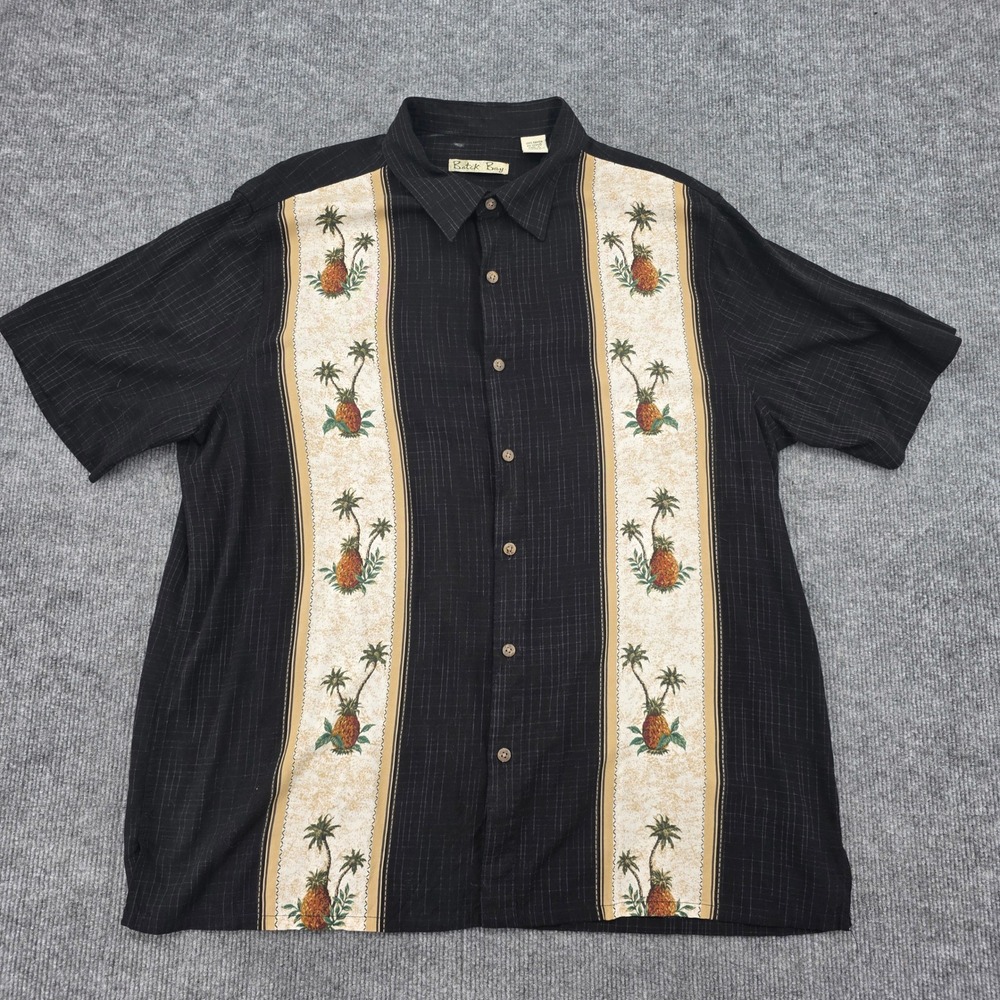 Batik Bay Mens XL Black Rayon Pineapple Palm Tree Hawaiian Button Up Shirt